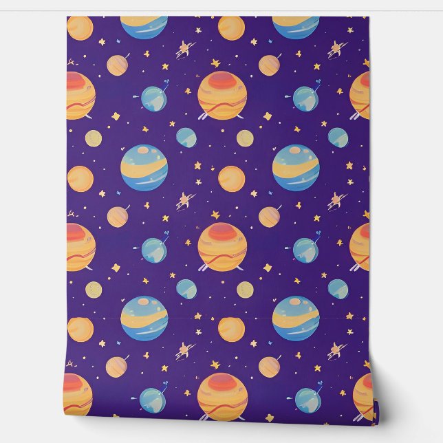 Farbenfrohe Raumgestaltung mit Planeten, Sternen Tapete (Abrollen)