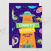 Farbenfrohe Räumlichkeiten und Dinosaurier Geburts Einladung (Vorne/Hinten)