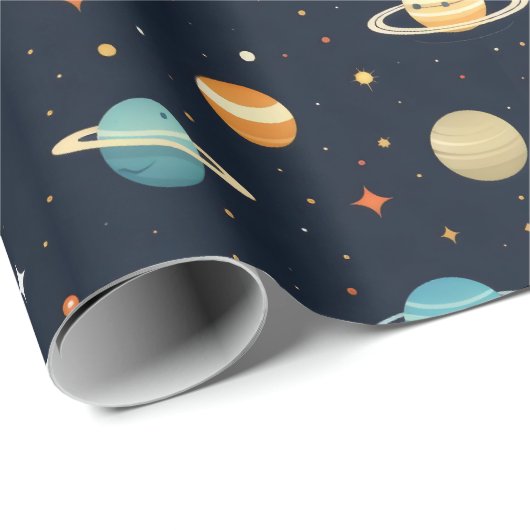 Farbenfrohe Raumplanetenmuster Geschenkpapier (Rolleneckpunkt)