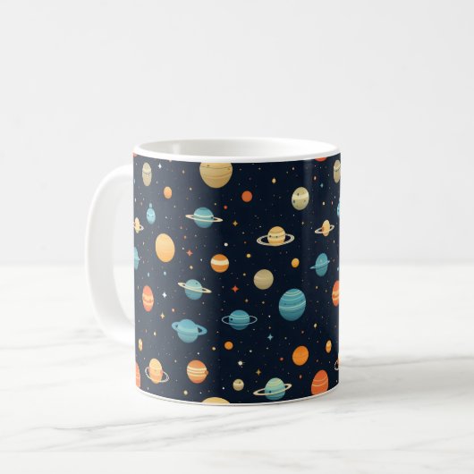 Farbenfrohe Raumplanetenmuster Kaffeetasse (Vorderseite Links)