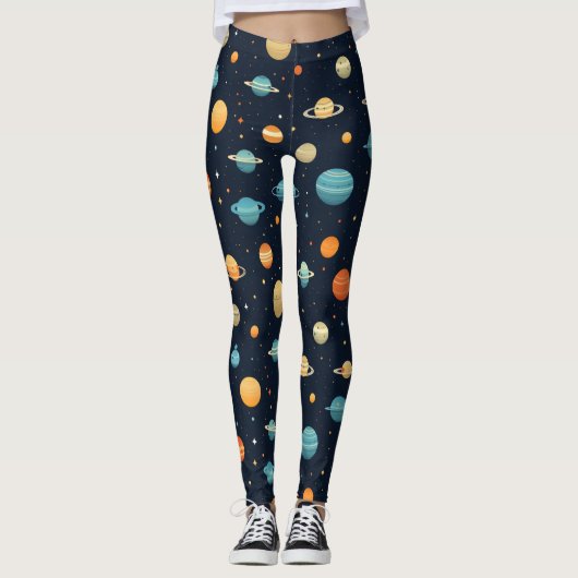 Farbenfrohe Raumplanetenmuster Leggings (Vorderseite)