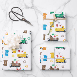 Farbenfrohe Recycelnd Garbage Trucks & Bins Geschenkpapier Set