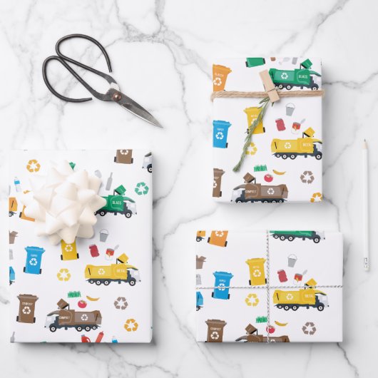 Farbenfrohe Recycelnd Garbage Trucks & Bins Geschenkpapier Set (Vorderseite)