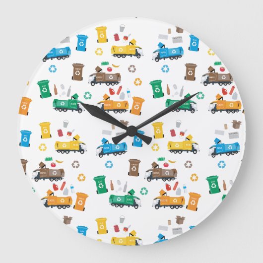 Farbenfrohe Recycelnd Garbage Trucks & Bins Große Wanduhr (Vorderseite)