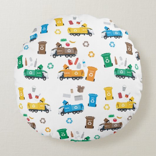Farbenfrohe Recycelnd Garbage Trucks & Bins Rundes Kissen (Vorderseite)