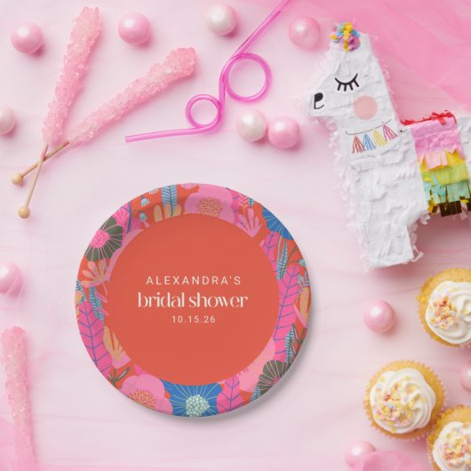 Farbenfrohe Red Boho Floral Custom Brautparty Pappteller (Party)