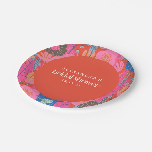Farbenfrohe Red Boho Floral Custom Brautparty Pappteller (Schrägansicht)