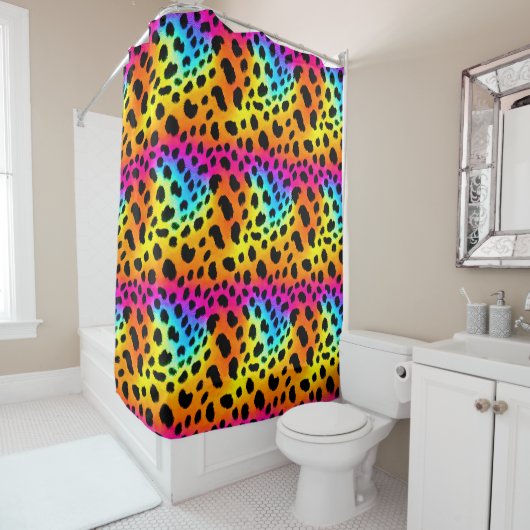 Farbenfrohe Regenbogen-Cheetah Nahtloses Muster Duschvorhang (Beispiel)
