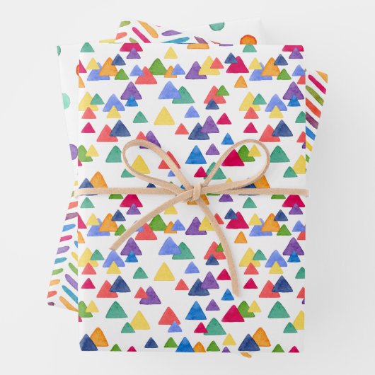 Farbenfrohe Regenbogen-Confetti-Dreieck Zigzag-Pun Geschenkpapier Set (Beispiel)