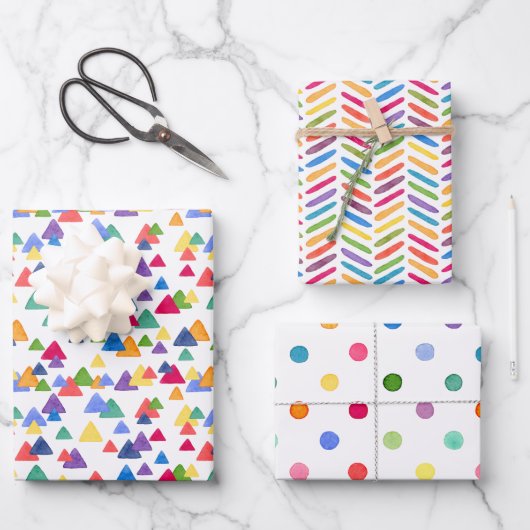 Farbenfrohe Regenbogen-Confetti-Dreieck Zigzag-Pun Geschenkpapier Set (Vorderseite)