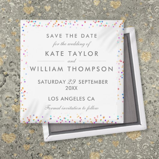 Farbenfrohe Regenbogen Confetti Save the Date Magnet