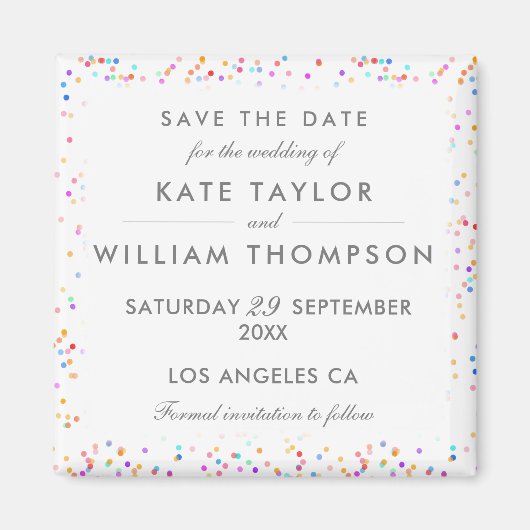 Farbenfrohe Regenbogen Confetti Save the Date Magnet (Vorne)