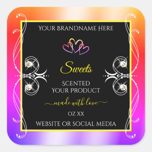 Farbenfrohe Regenbogen-Dekoration Juwelen Black Pr Quadratischer Aufkleber (Vorderseite)