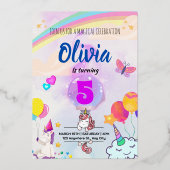 Farbenfrohe Regenbogen-Einhorn Folieneinladung (Vorderseite)