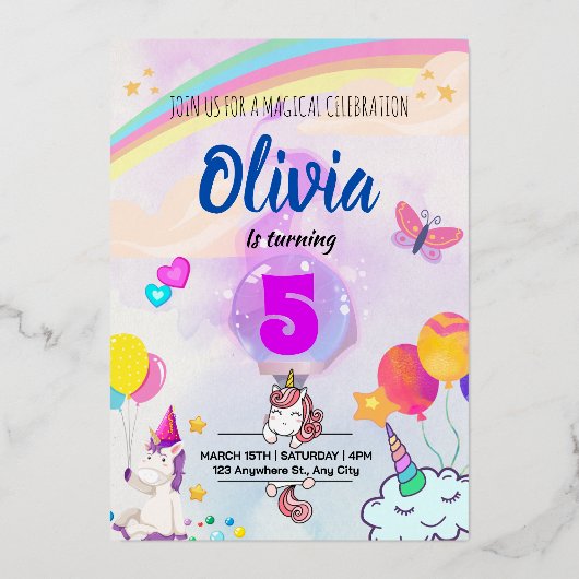 Farbenfrohe Regenbogen-Einhorn Folieneinladung (Vorderseite)