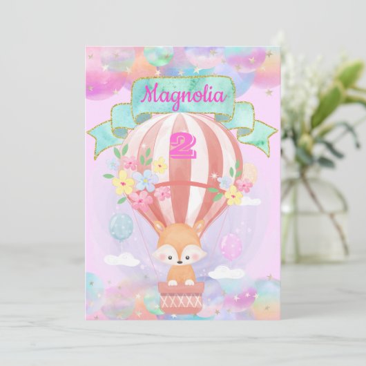 Farbenfrohe Regenbogen Einhorn Heißluftballon Brow Einladung (Stehend Vorderseite)