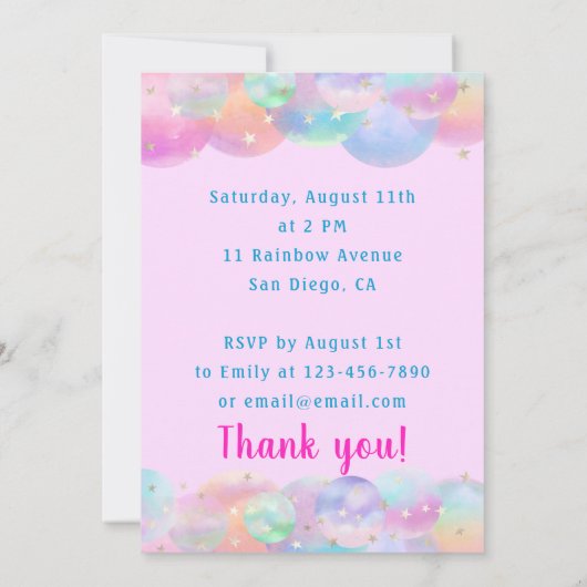 Farbenfrohe Regenbogen Einhorn Heißluftballon Brow Einladung (Rückseite)