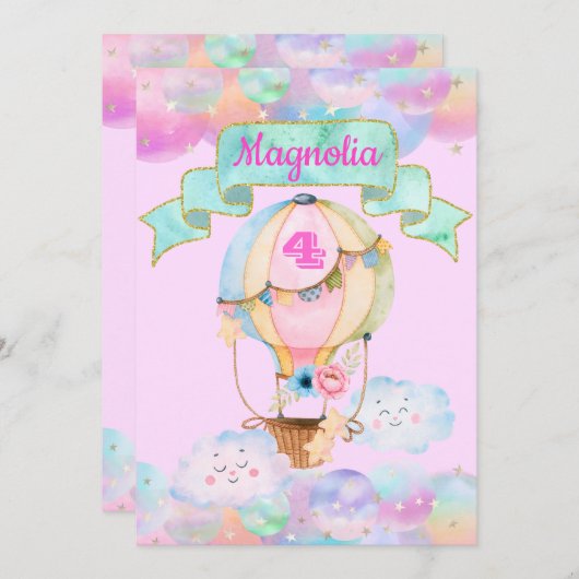 Farbenfrohe Regenbogen Einhorn Heißluftballon Gebu Einladung (Vorne/Hinten)