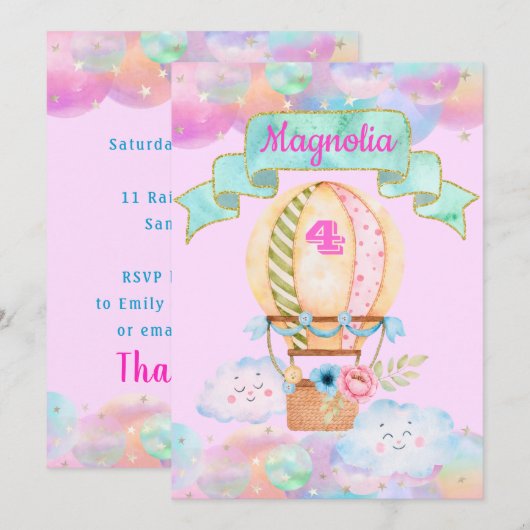 Farbenfrohe Regenbogen Einhorn Heißluftballon Gebu Einladung (Vorne/Hinten)