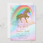 Farbenfrohe Regenbogen Gold Glitzer Unicorn Kinder Einladung (Vorderseite)
