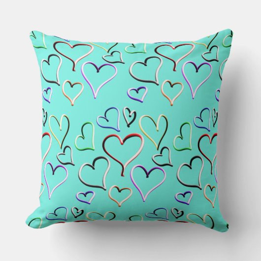 Farbenfrohe Regenbogen-Herzen Aquamarin Schwarz Kissen (Vorderseite)