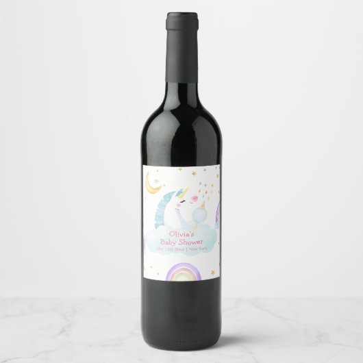 Farbenfrohe Regenbogen-Moon Star Unicorn Kinderdus Weinetikett (Vorderseite)