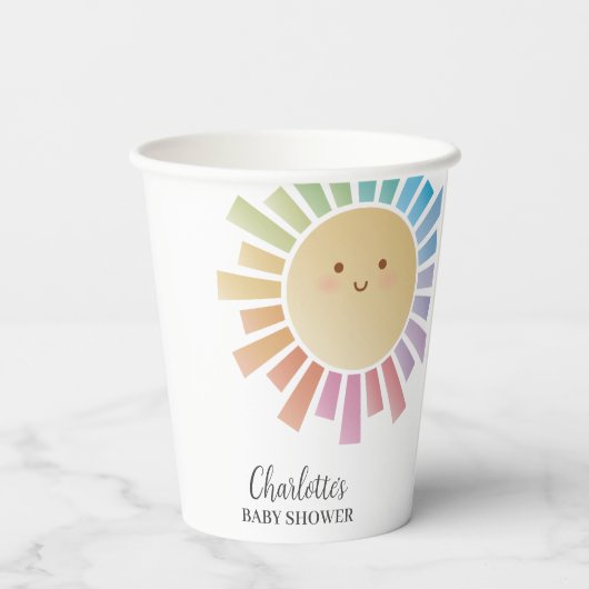 Farbenfrohe Regenbogen Sonnenschein Baby Dusche Pappbecher (Rückseite)