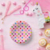 Farbenfrohe Regenbogen-Tupfen Rosa Pappteller (Party)