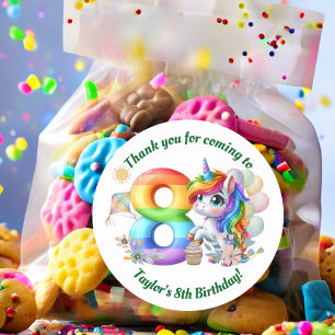 Farbenfrohe Regenbogen und Einhorn 8. Geburtstagsp Runder Aufkleber
