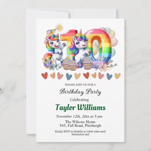Farbenfrohe Regenbogen- und Einhornfeier 10. Gebur Einladung (Vorderseite)