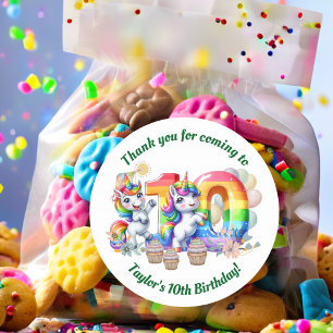 Farbenfrohe Regenbogen- und Einhornfeier 10. Gebur Runder Aufkleber