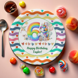 Farbenfrohe Regenbogen- und Einhornfeier 6. Geburt Pappteller