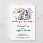 Farbenfrohe Regenbogen- und Einhornfeier 7. Geburt Einladung (Vorderseite)