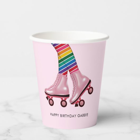 Farbenfrohe Regenbogen- und Rosa-Roller-Skate Pappbecher (Vorderseite)