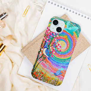 Farbenfrohe Regenbogen-Wildblumen Vögel Schmetterl iPhone 15 Hülle