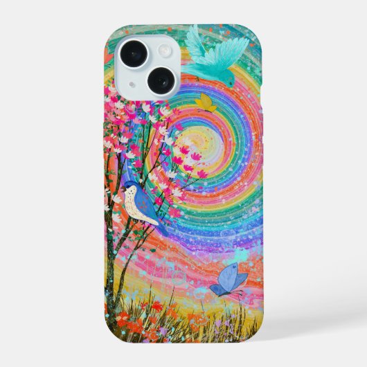 Farbenfrohe Regenbogen-Wildblumen Vögel Schmetterl iPhone 15 Hülle (Rückseite)