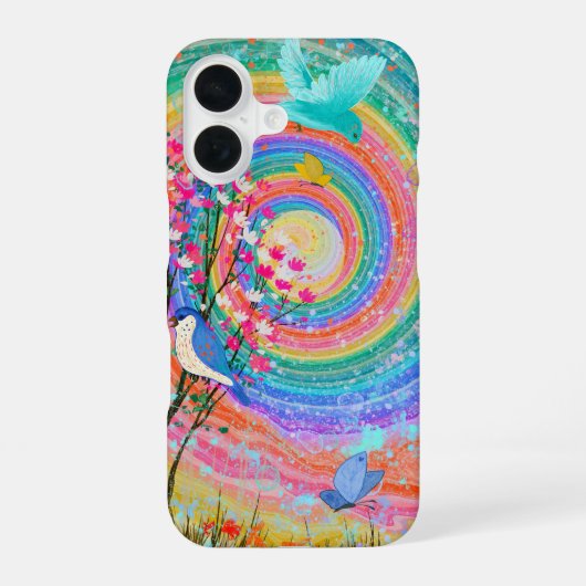 Farbenfrohe Regenbogen-Wildblumen Vögel Schmetterl iPhone 16 Hülle (Rückseite)
