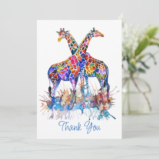 Farbenfrohe Regenbogenfarben Spritzer Giraffen Dankeskarte (Stehend Vorderseite)