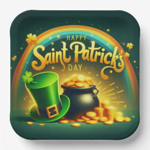 Farbenfrohe Regenbogengold St. Patrick's Day Pappteller