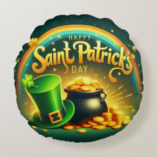 Farbenfrohe Regenbogengold St. Patrick's Day Rundes Kissen