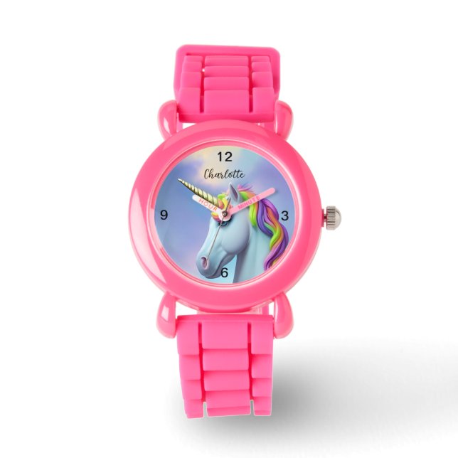 Farbenfrohe Regenbogenhaar Unicorn Kinderuhr Armbanduhr (Vorderseite)