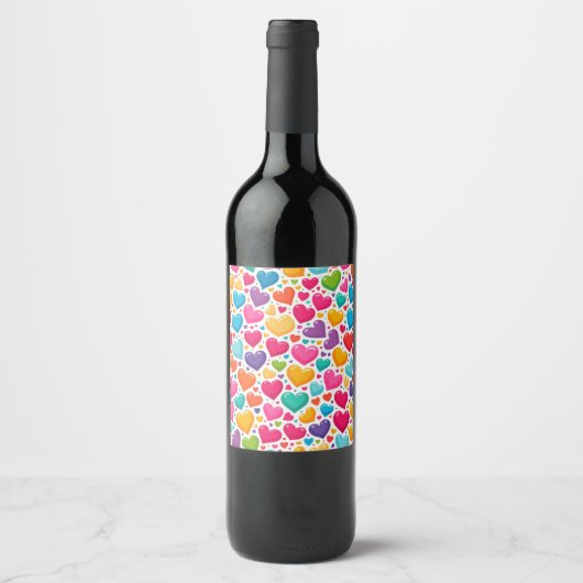 Farbenfrohe Regenbogenherzen Valentines Weinetikett (Vorderseite)