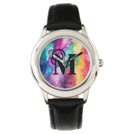Farbenfrohe Regenbogenmonogramm Armbanduhr