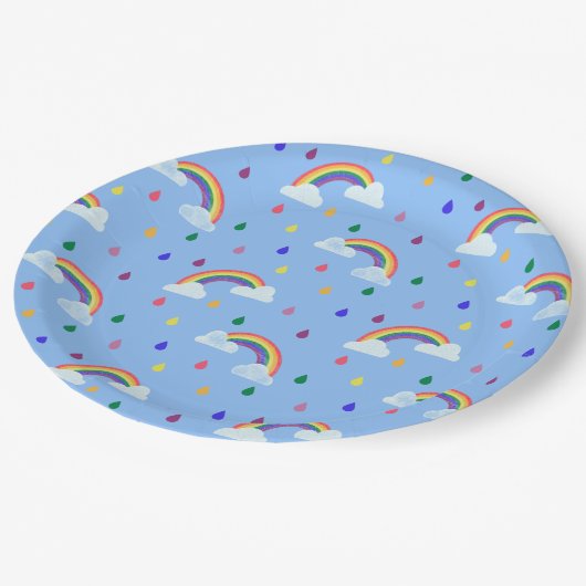 Farbenfrohe Regenbogenreindropfen Pappteller (Schrägansicht)