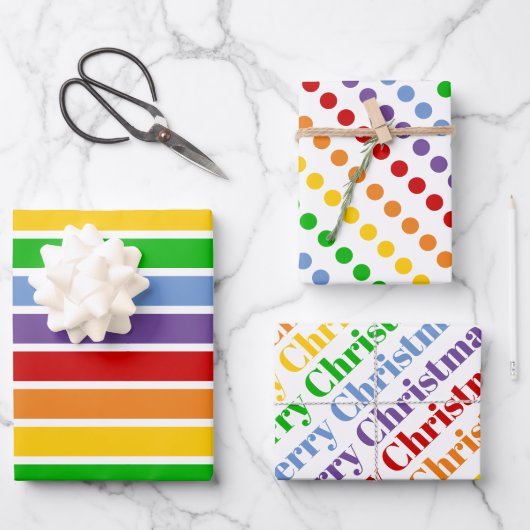 Farbenfrohe Regenbogenstreifen, dots typografisch Geschenkpapier Set (Vorderseite)