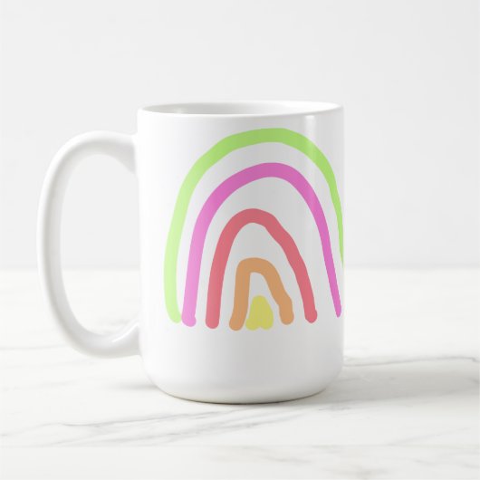Farbenfrohe Regenbogenstreifen geben dem Lehrer de Kaffeetasse (Links)