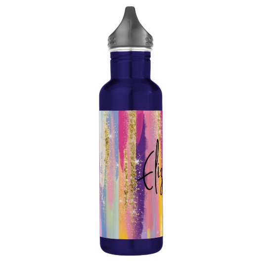 Farbenfrohe Regenbogenstreifen mit Imitaten Gold G Edelstahlflasche (Links)