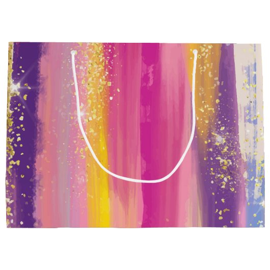 Farbenfrohe Regenbogenstreifen mit Imitaten Gold G Große Geschenktüte (Rückseite)