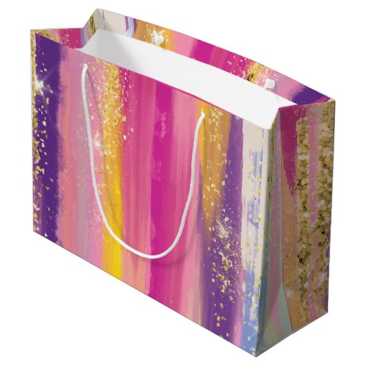 Farbenfrohe Regenbogenstreifen mit Imitaten Gold G Große Geschenktüte (Rückseite Schrägansicht)