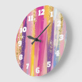 Farbenfrohe Regenbogenstreifen mit Imitaten Gold G Große Wanduhr (Winkel)